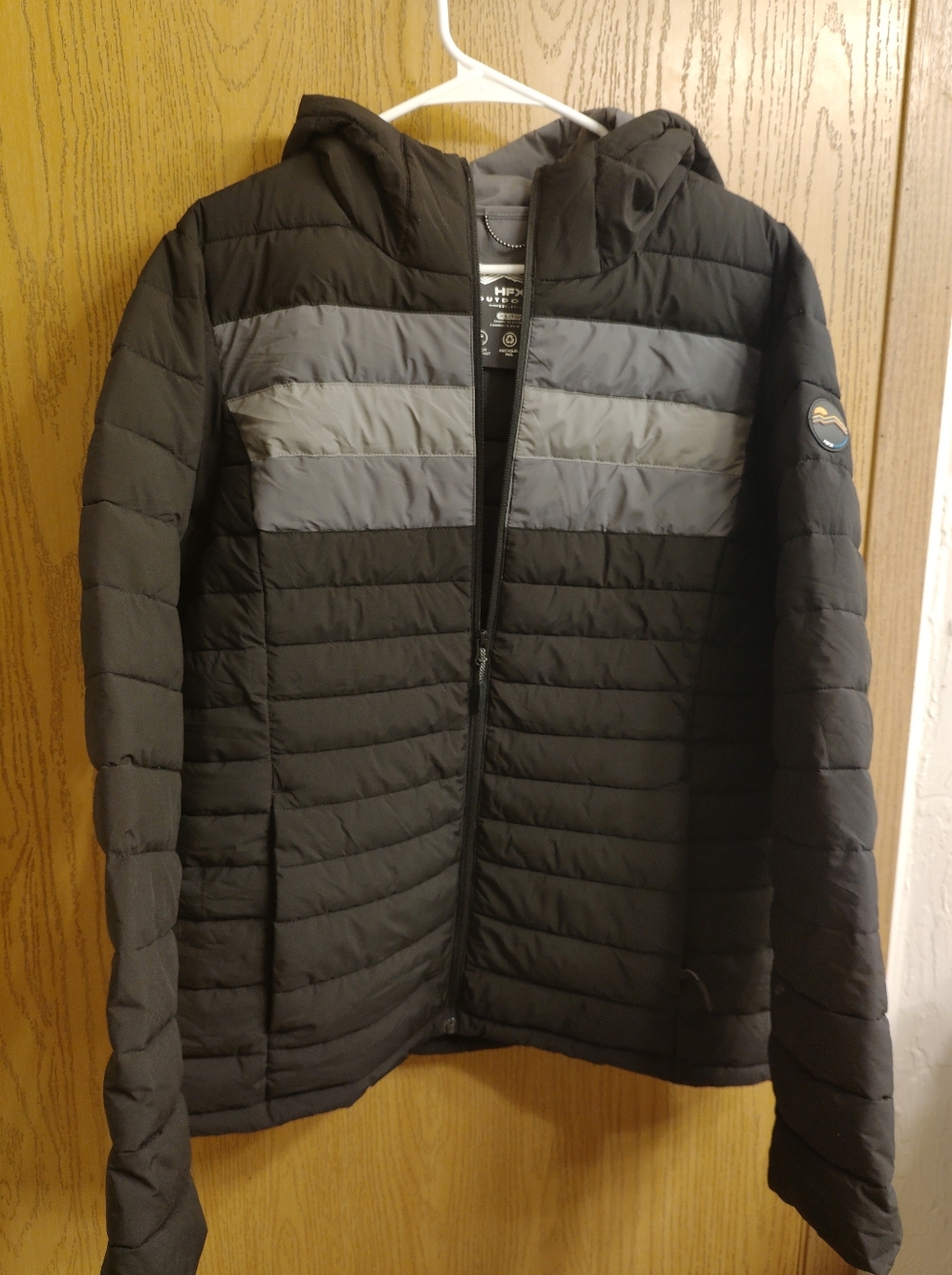 Men's Black Puffer Jacket with Gray Chest Panels and Hood